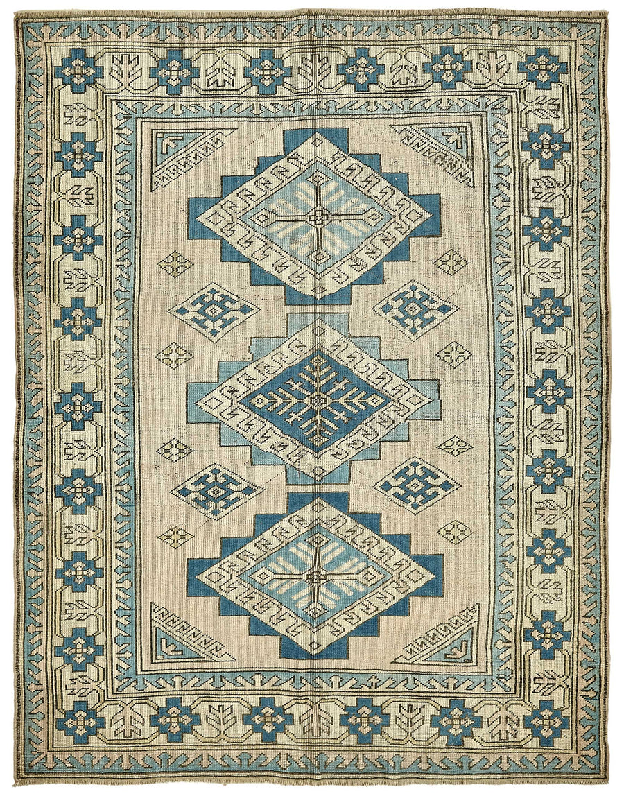 Kavale Madalyon Desenli Bej Mavi Vintage El Dokuma Halı 174x220 cm