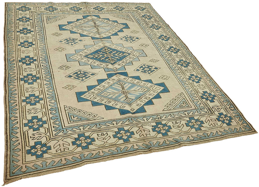 Kavale Madalyon Desenli Bej Mavi Vintage El Dokuma Halı 174x220 cm – genel görünüm