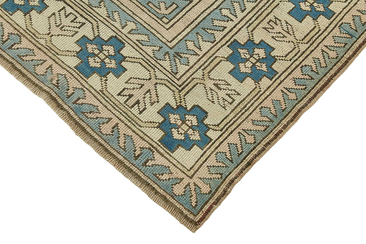 Kavale Madalyon Desenli Bej Mavi Vintage El Dokuma Halı 174x220 cm – detay görünümü