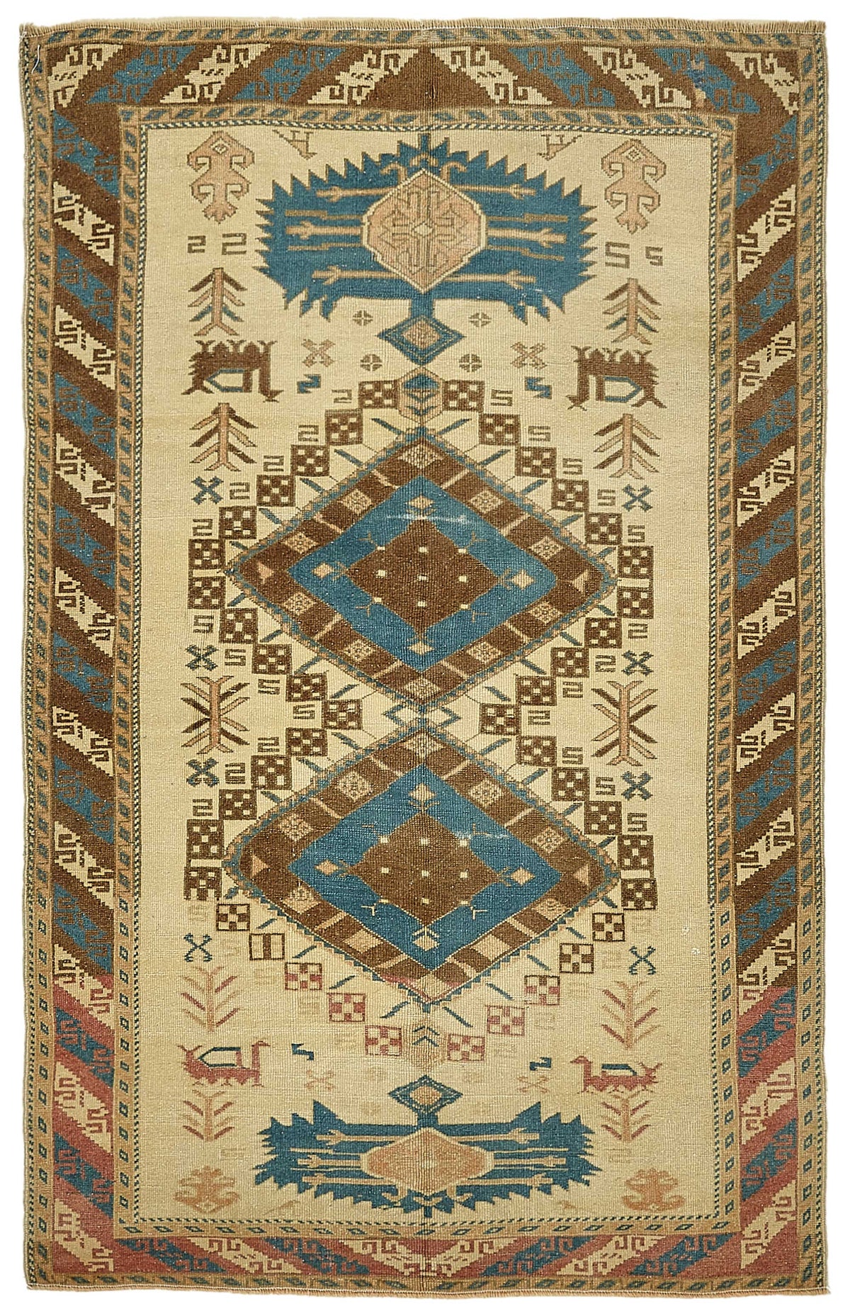 Gekro Bej Etnik Geometrik Desenli Yün El Dokuma Halı 122x188 cm