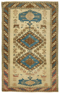 Gekro Bej Etnik Geometrik Desenli Yün El Dokuma Halı 122x188 cm