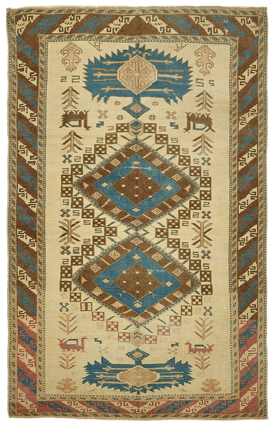 Gekro Bej Etnik Geometrik Desenli Yün El Dokuma Halı 122x188 cm