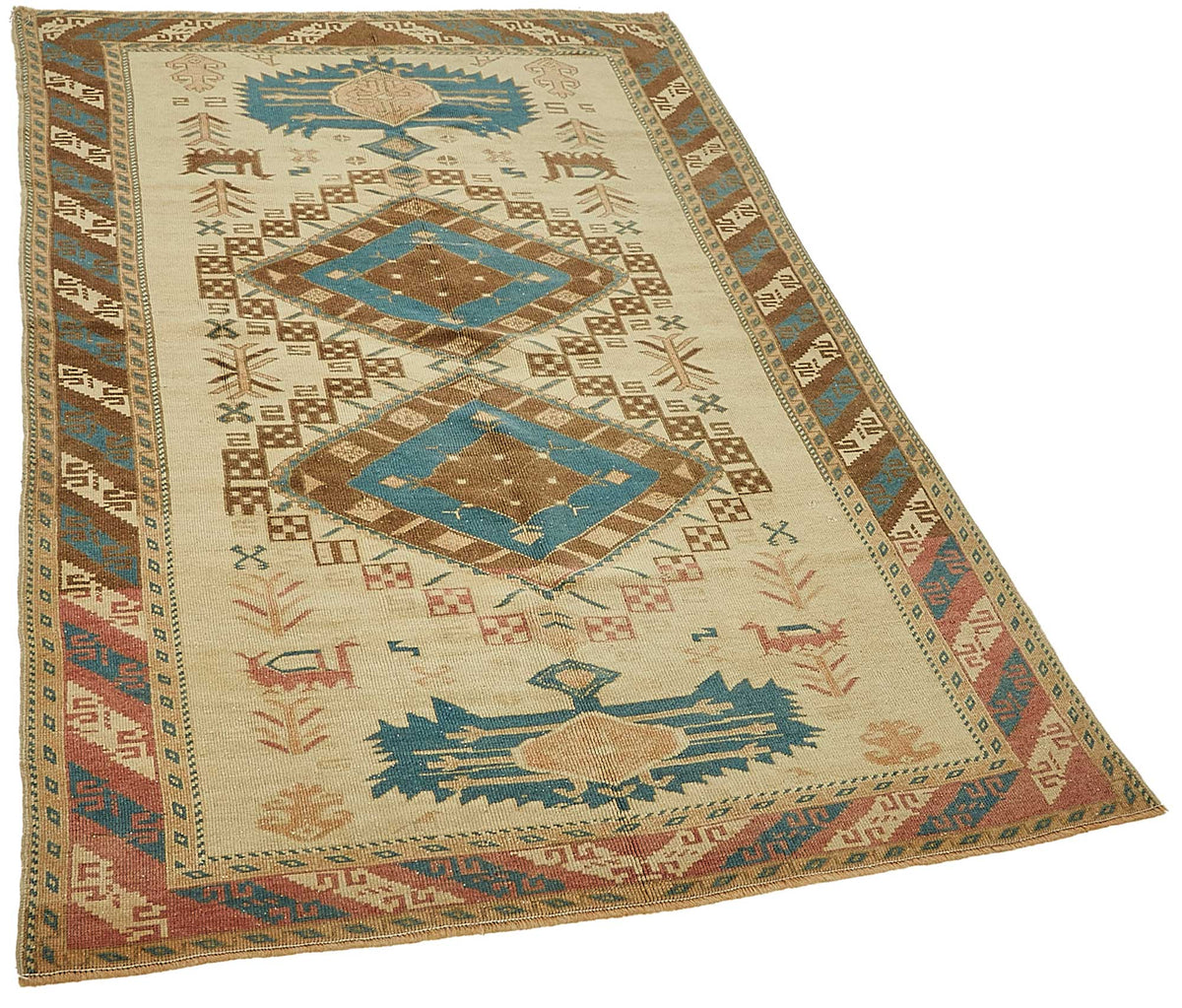 Gekro Bej Etnik Geometrik Desenli Yün El Dokuma Halı 122x188 cm – genel görünüm