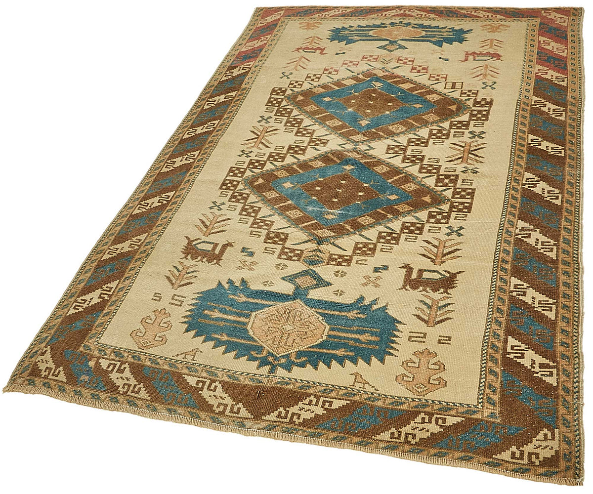 Gekro Bej Etnik Geometrik Desenli Yün El Dokuma Halı 122x188 cm – doku yakın çekim