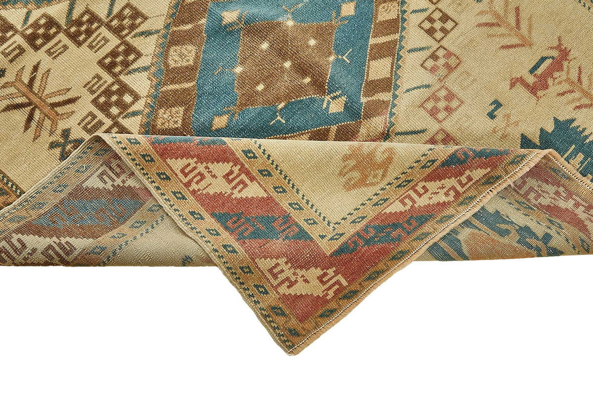 Gekro Bej Etnik Geometrik Desenli Yün El Dokuma Halı 122x188 cm – kenar detayı