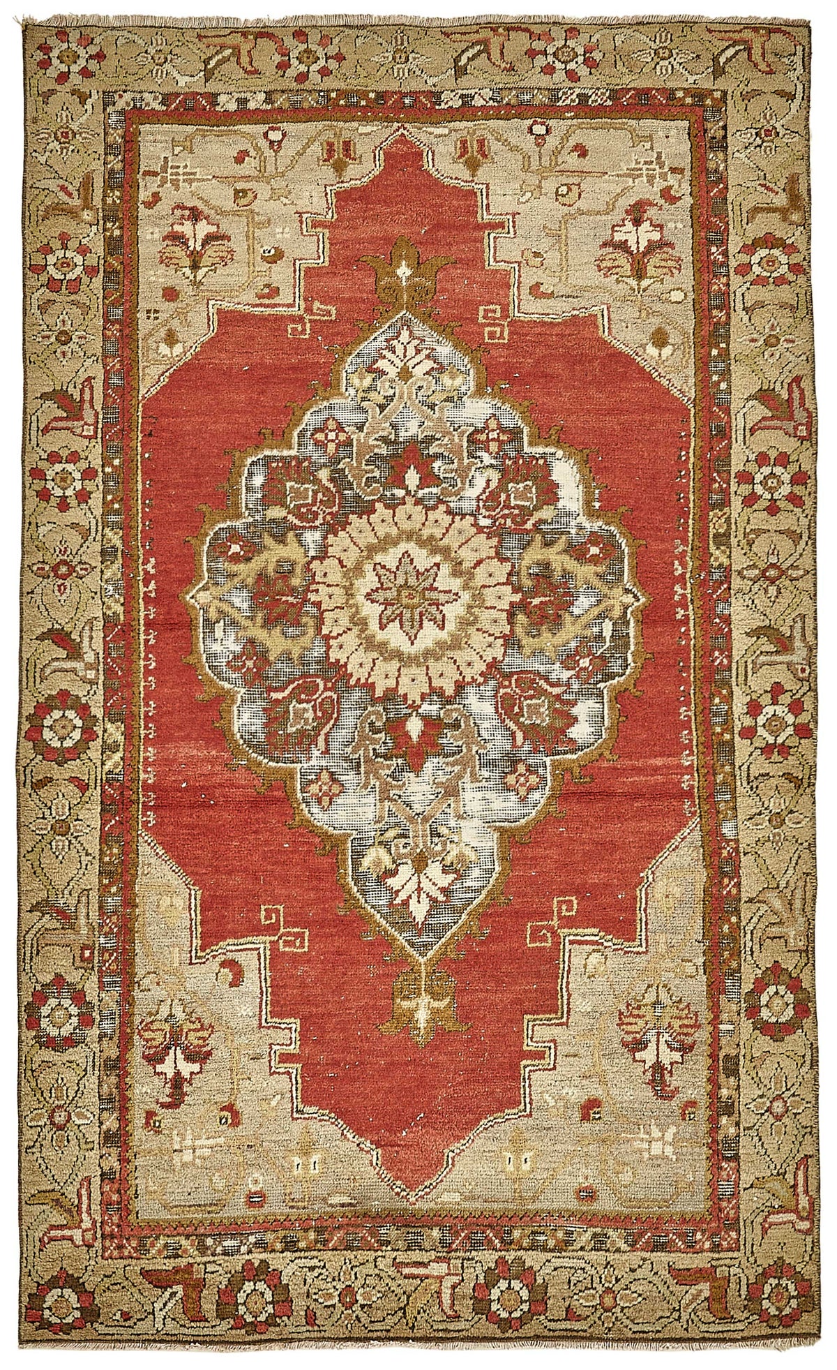 Gekro Kırmızı Bej Madalyon Desenli El Dokuma Halı 112x187 cm