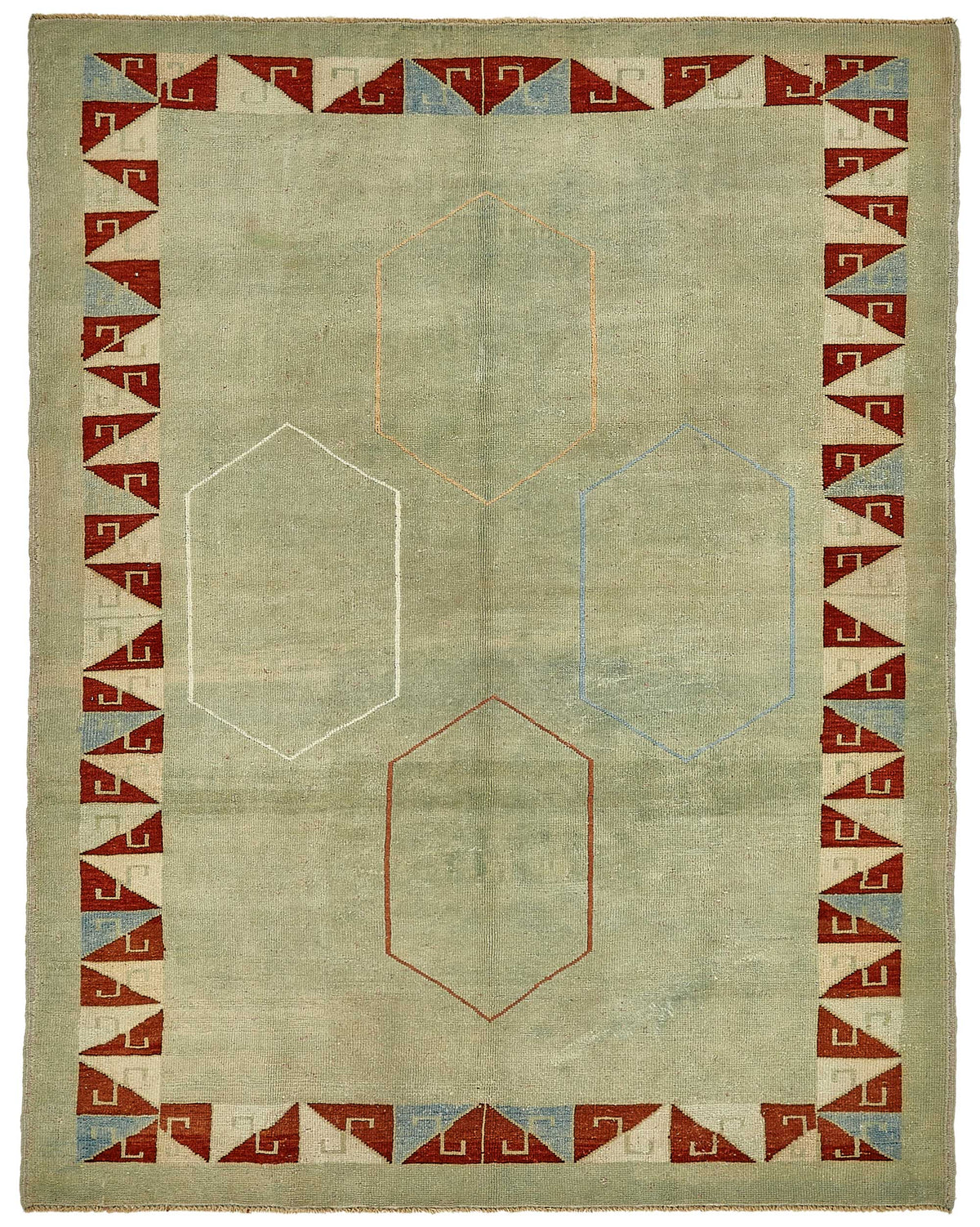 Gekro Yeşil Kırmızı Geometrik Desenli Yün Pamuk El Dokuma Halı 156x200 cm