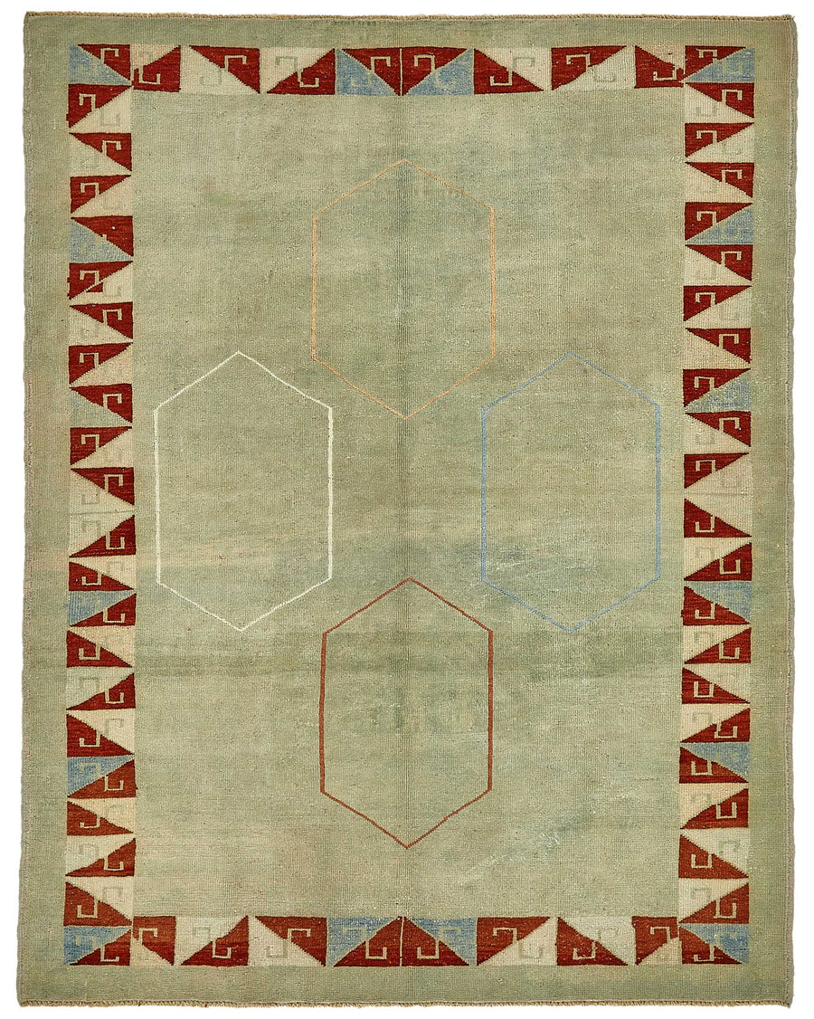 Alfombra Gekro tejida a mano, de lana y algodón, verde y roja, con diseño geométrico 156x200 cm