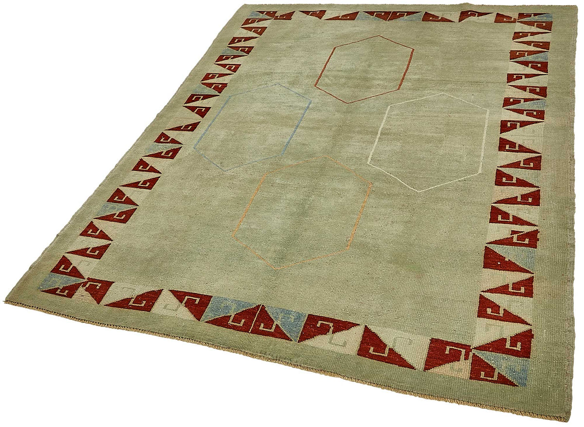 Gekro Yeşil Kırmızı Geometrik Desenli Yün Pamuk El Dokuma Halı 156x200 cm – doku yakın çekim