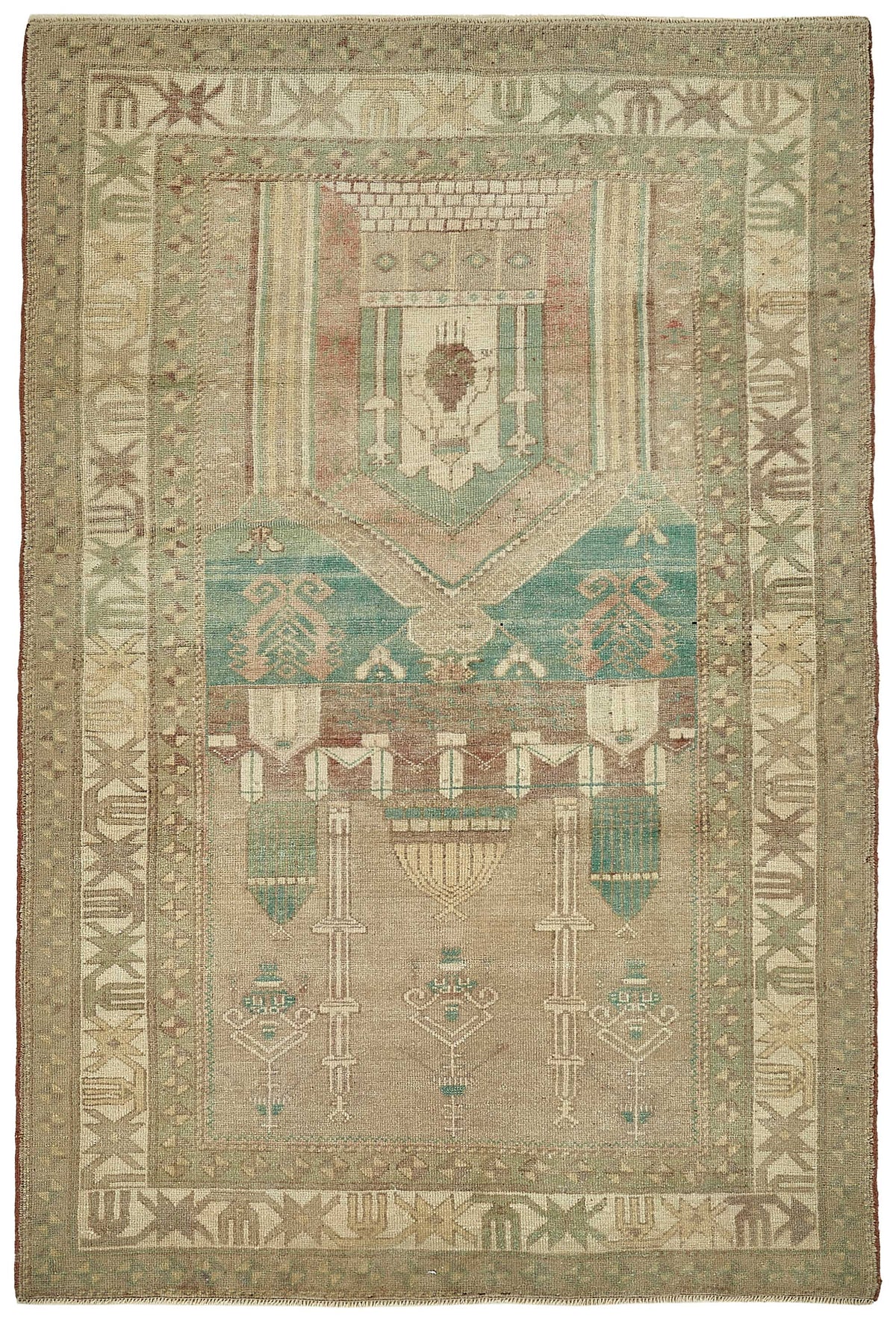 Gekro Bej Turkuaz Geometrik Desenli Pamuk ve Yün Halı 142x210 cm