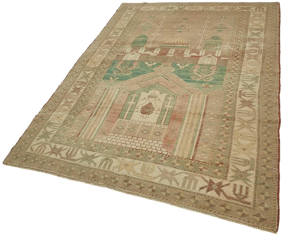 Gekro Bej Turkuaz Geometrik Desenli Pamuk ve Yün Halı 142x210 cm – doku yakın çekim