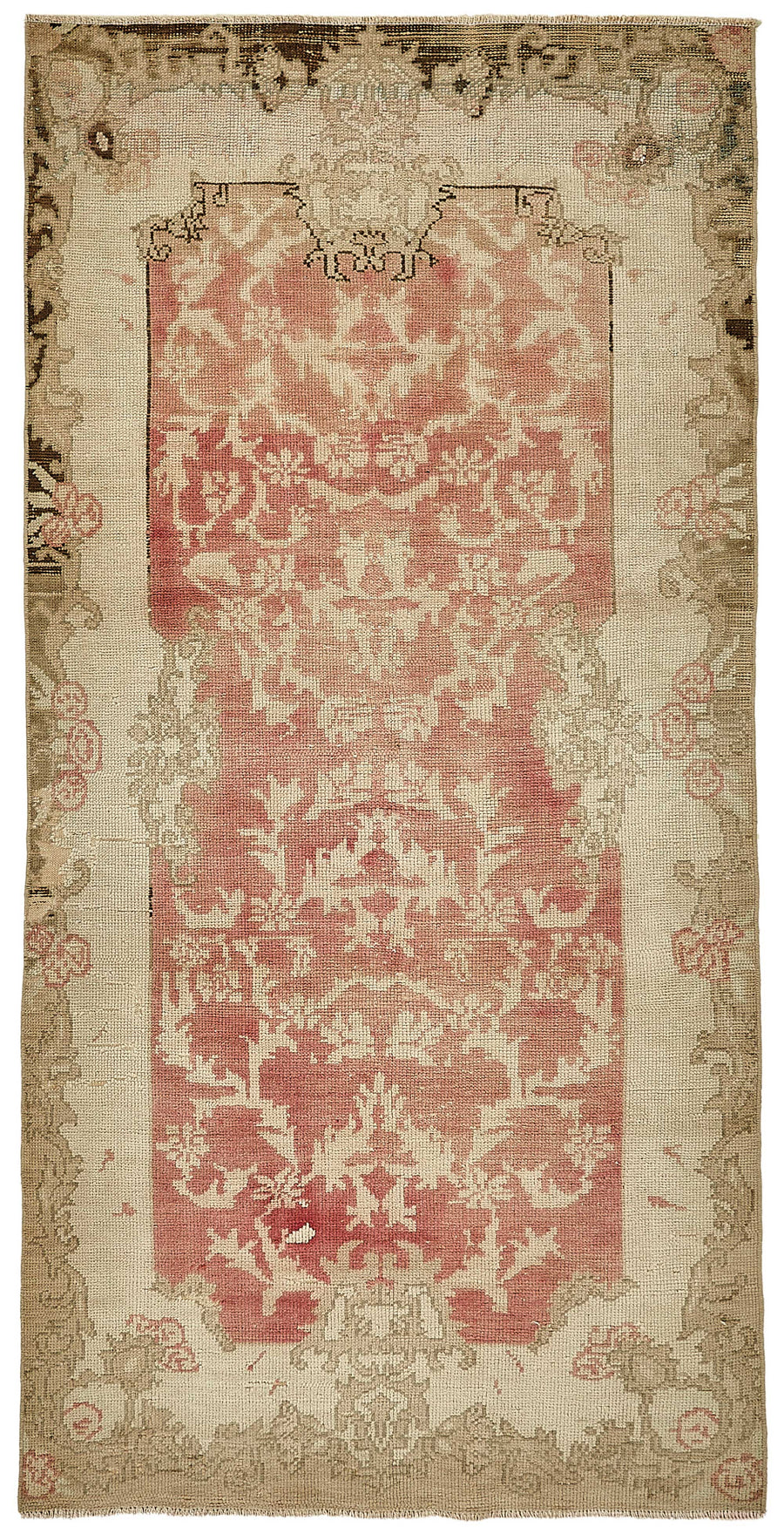 Gekro Bej Kırmızı Madalyon Desenli Vintage El Dokuma Halı 106x212 cm