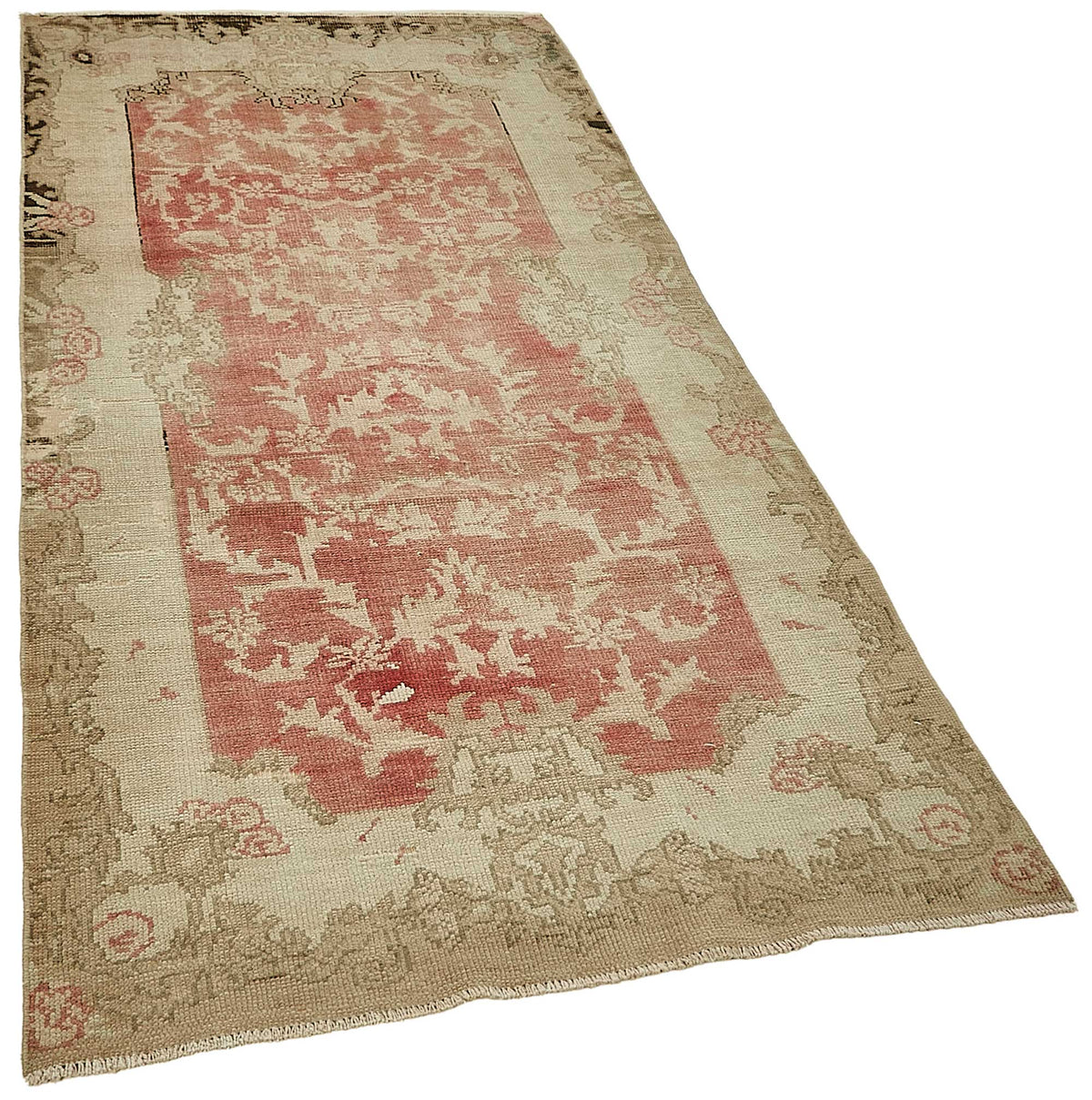 Tapis vintage Gekro tissé à la main, beige et rouge, motif médaillon 106x212 cm – vue d'ensemble