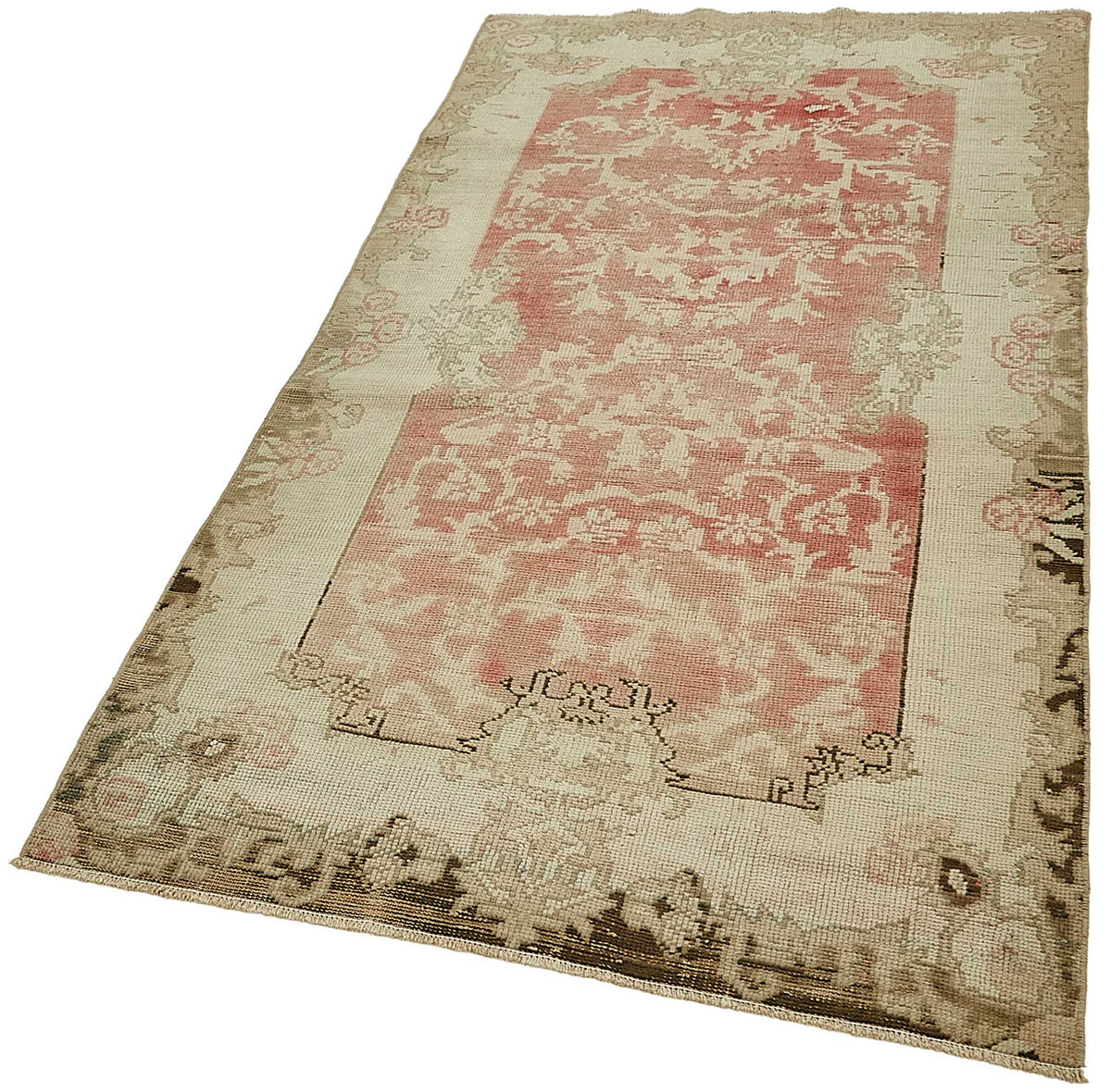 Tapis vintage Gekro tissé à la main, beige et rouge, motif médaillon 106x212 cm – gros plan texture