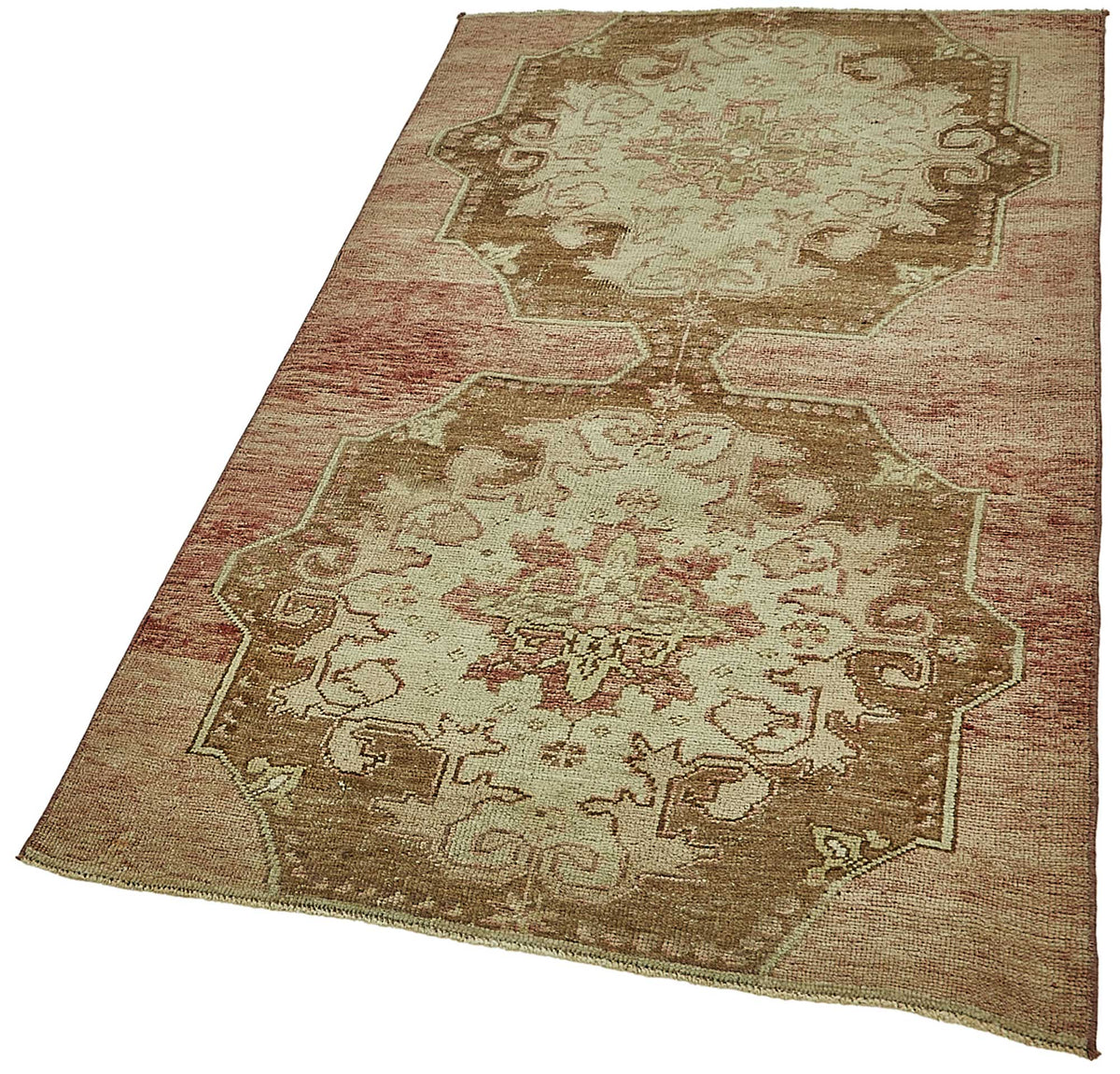 Gekro Kahverengi Bej Madalyon Desenli Vintage Yün Halı 100x180 cm – doku yakın çekim