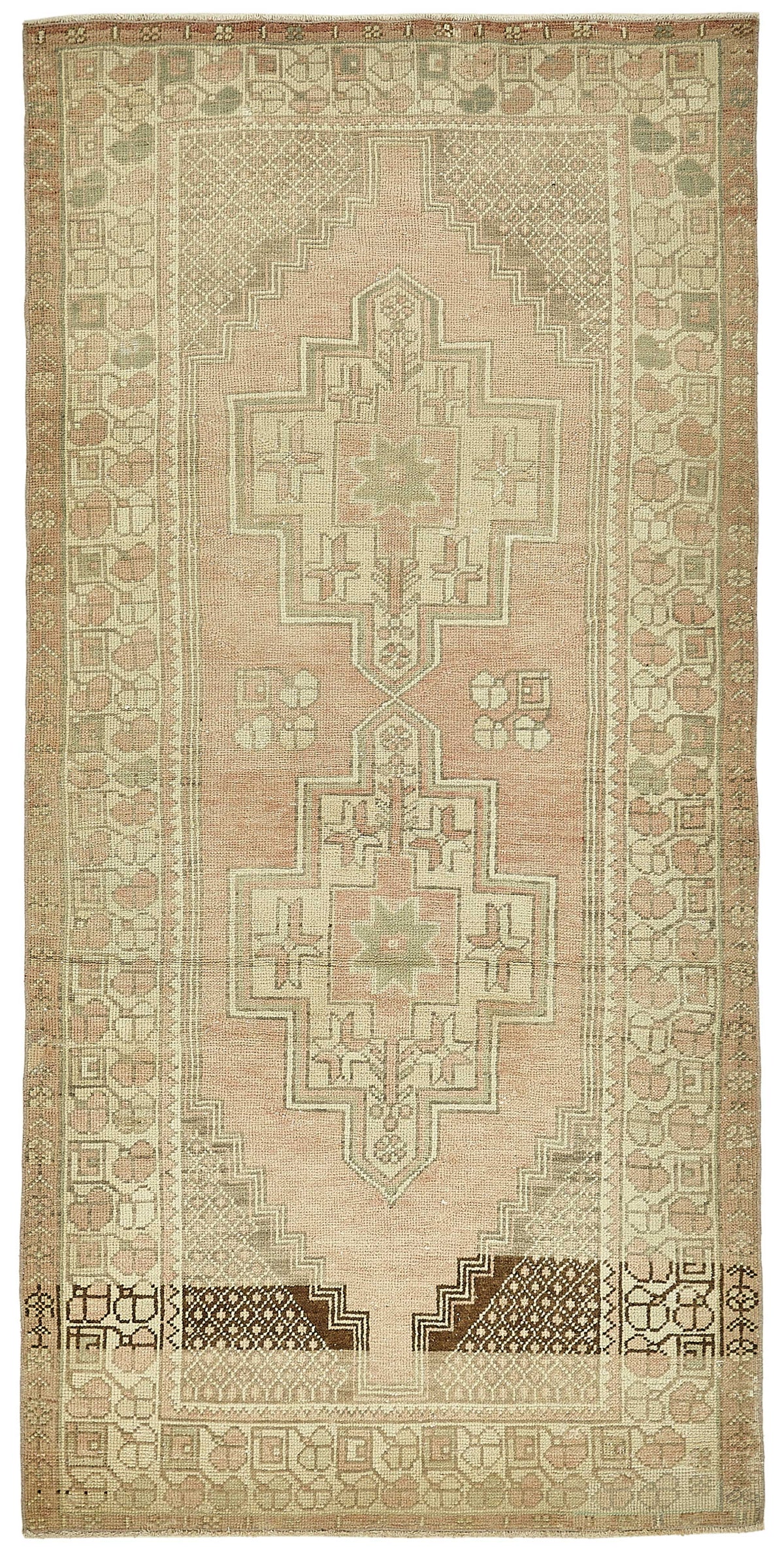 Gekro Bej ve Pembe Etnik Geometrik Desenli Yün Halı 121x250 cm