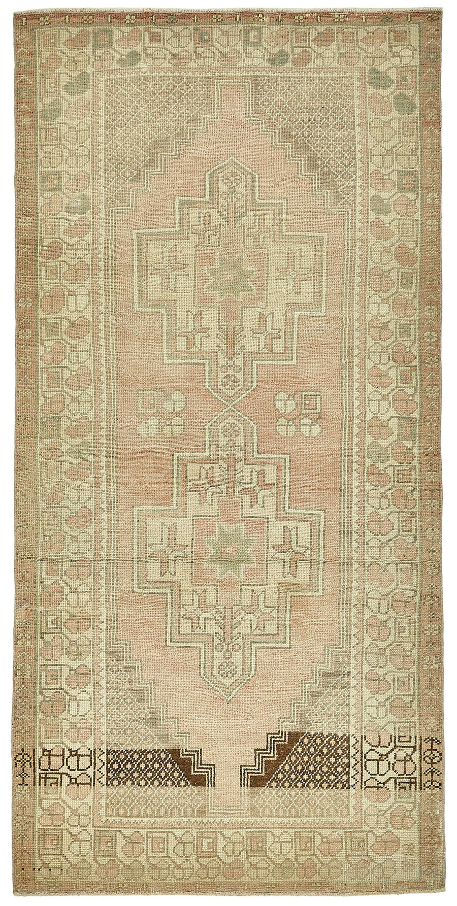 Gekro Bej ve Pembe Etnik Geometrik Desenli Yün Halı 121x250 cm