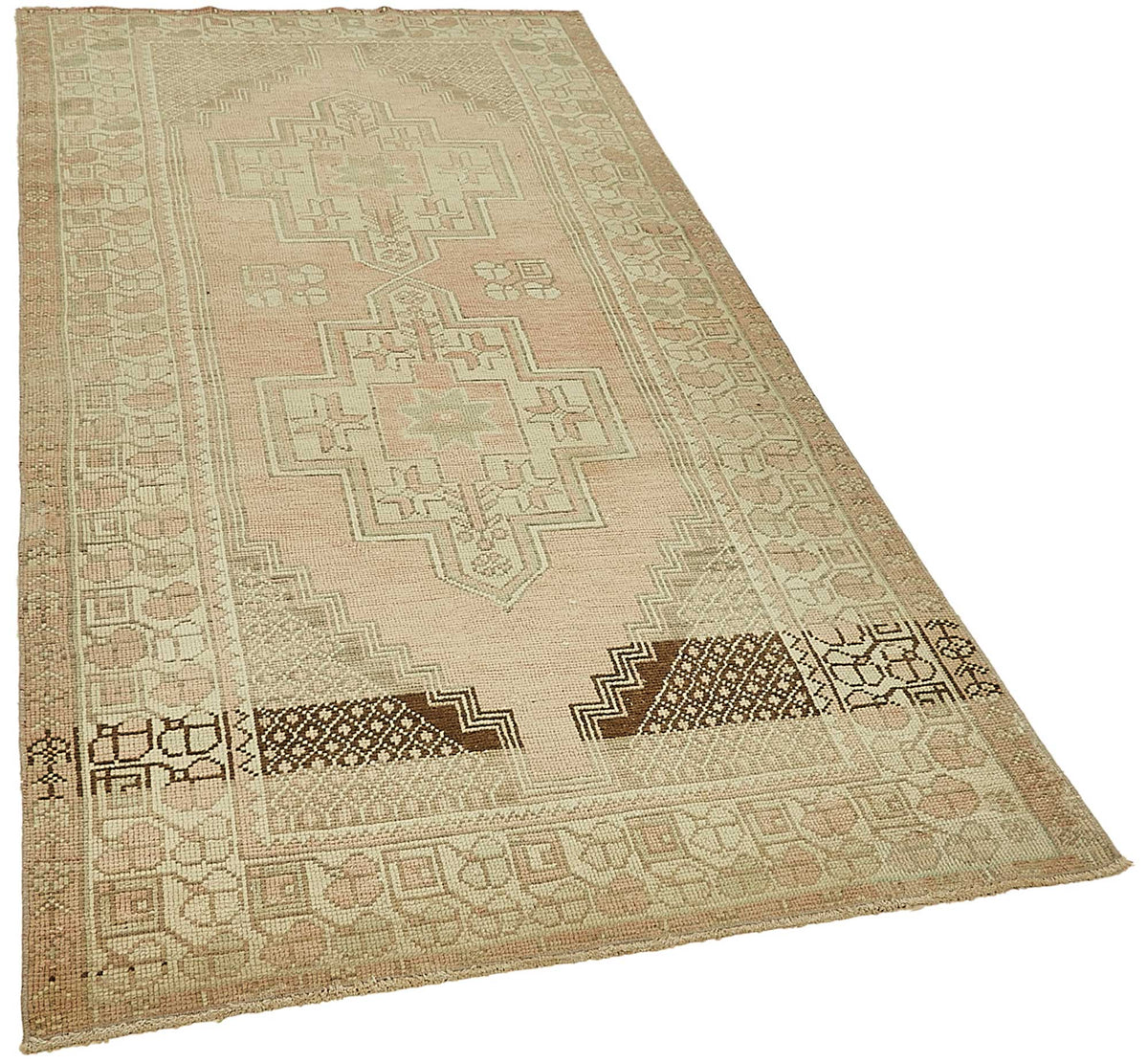 Gekro Bej ve Pembe Etnik Geometrik Desenli Yün Halı 121x250 cm – genel görünüm