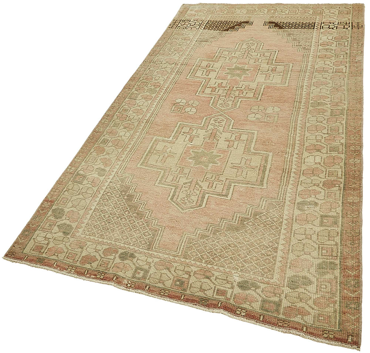 Gekro Bej ve Pembe Etnik Geometrik Desenli Yün Halı 121x250 cm – doku yakın çekim