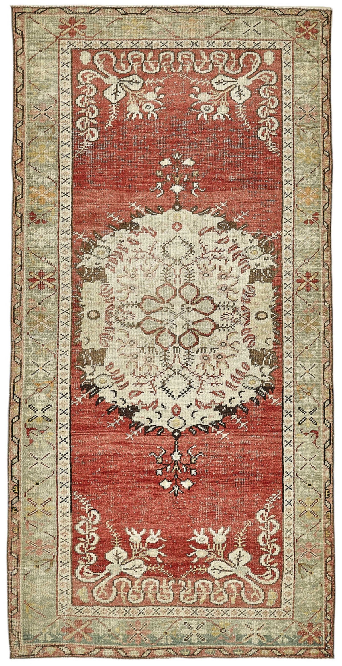 Gekro Kırmızı Bej Madalyon Desenli Etnik El Dokuma Halı 100x205 cm