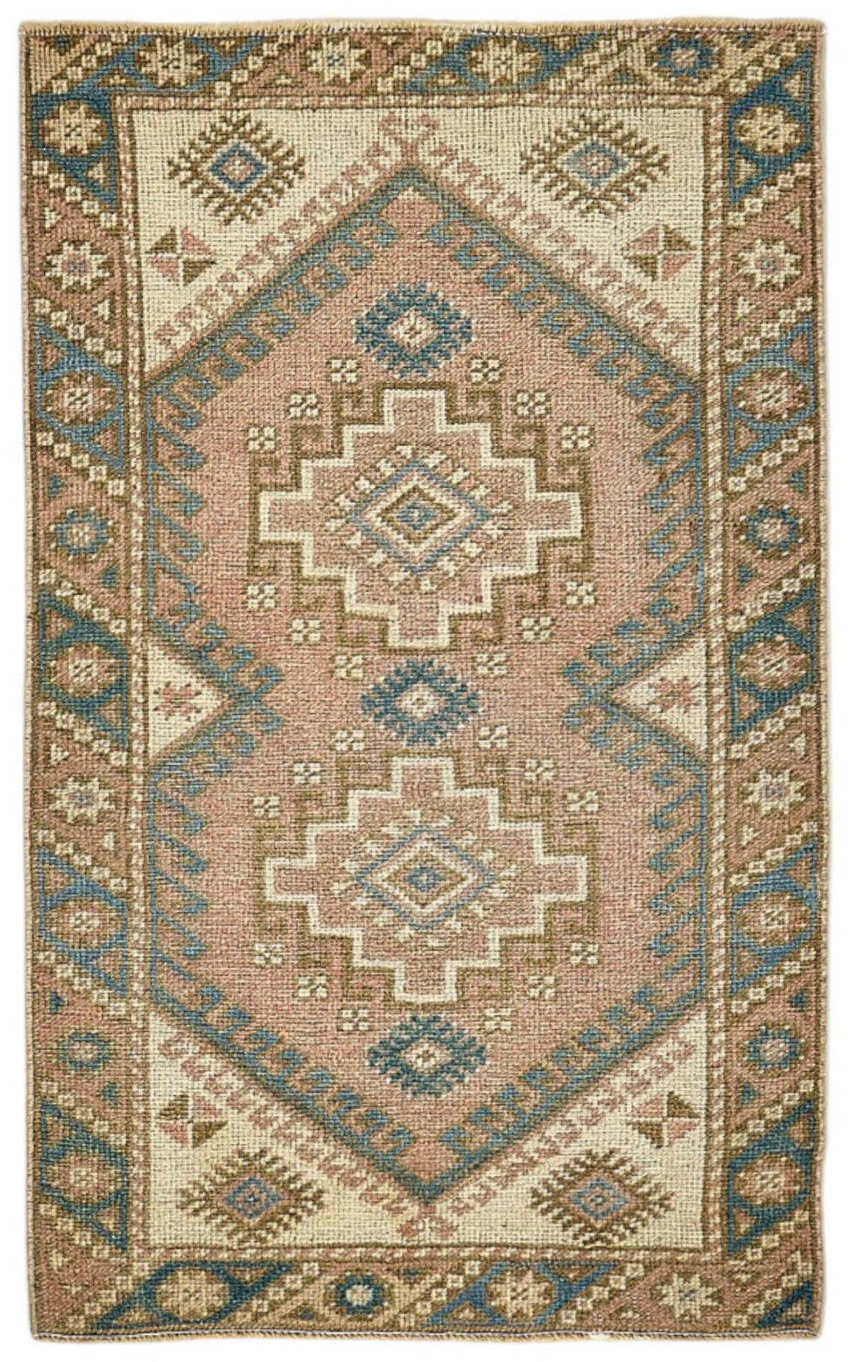 Gekro Pembe Mavi Etnik Geometrik Desenli El Dokuma Halı 65x110 cm