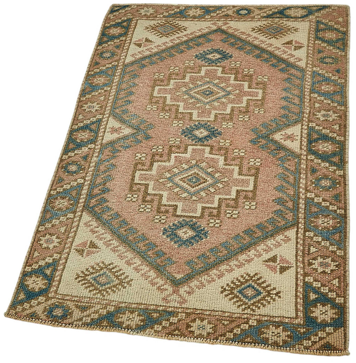 Gekro Pembe Mavi Etnik Geometrik Desenli El Dokuma Halı 65x110 cm – doku yakın çekim