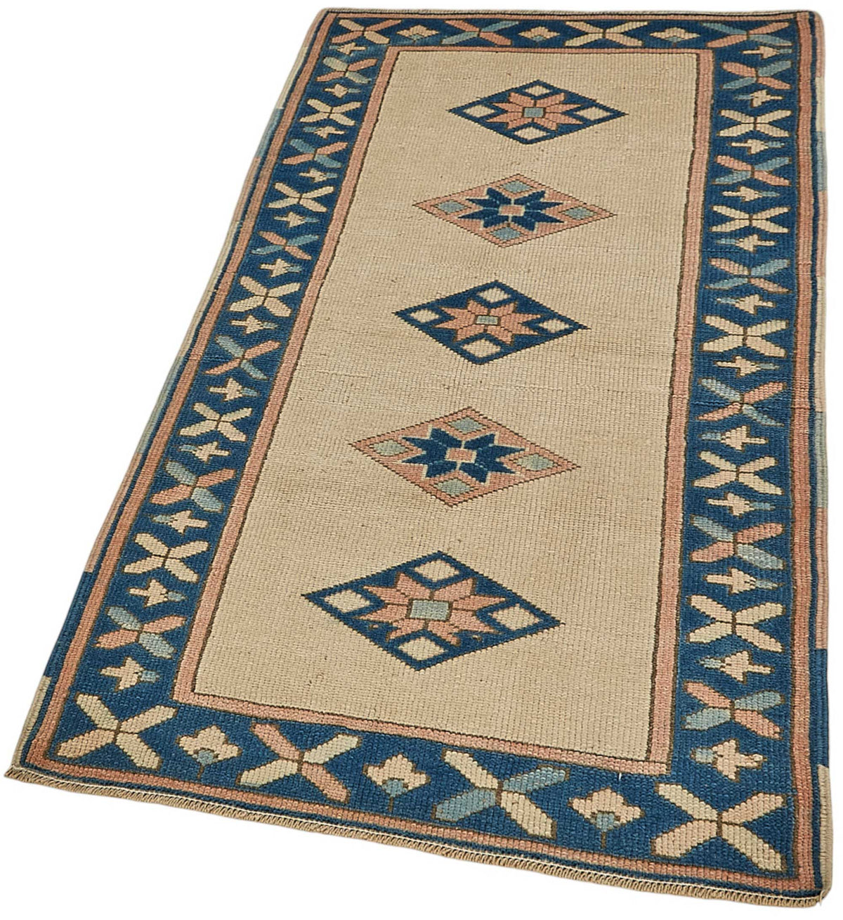 Gekro Anadolu Dokuma Bej Lacivert Geometrik Halı 75x150 cm 49953 – doku yakın çekim