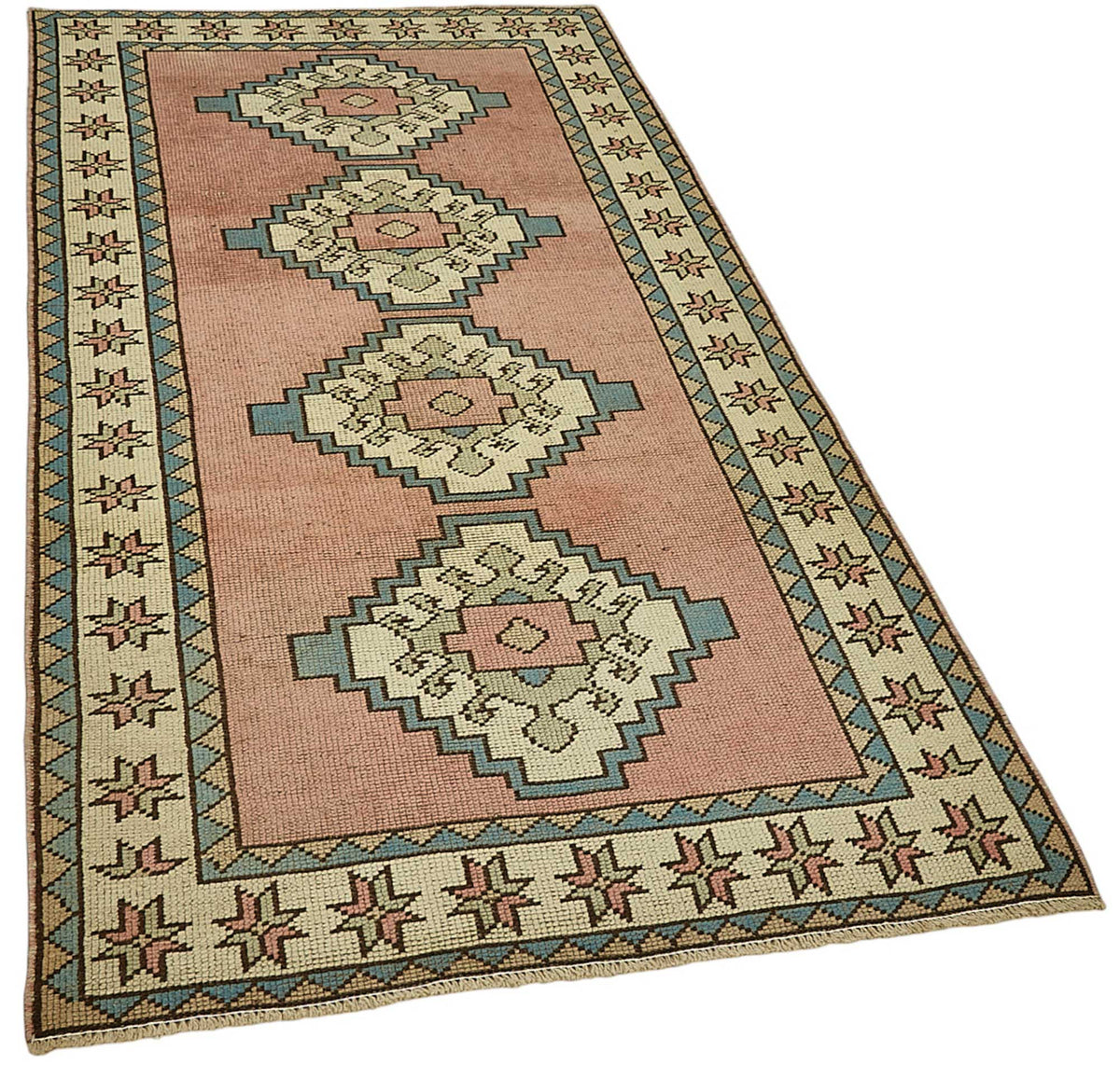 Gekro Geometrik Desenli Pembe Vintage El Dokuma Halı 104x196 cm 49954 – genel görünüm