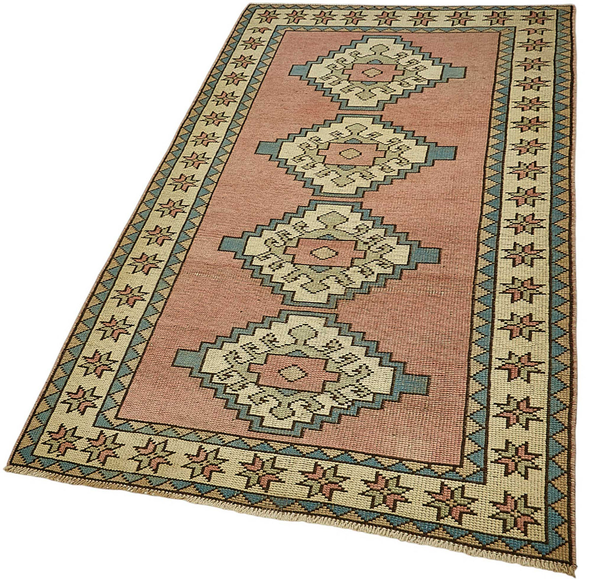 Gekro Geometrik Desenli Pembe Vintage El Dokuma Halı 104x196 cm 49954 – doku yakın çekim
