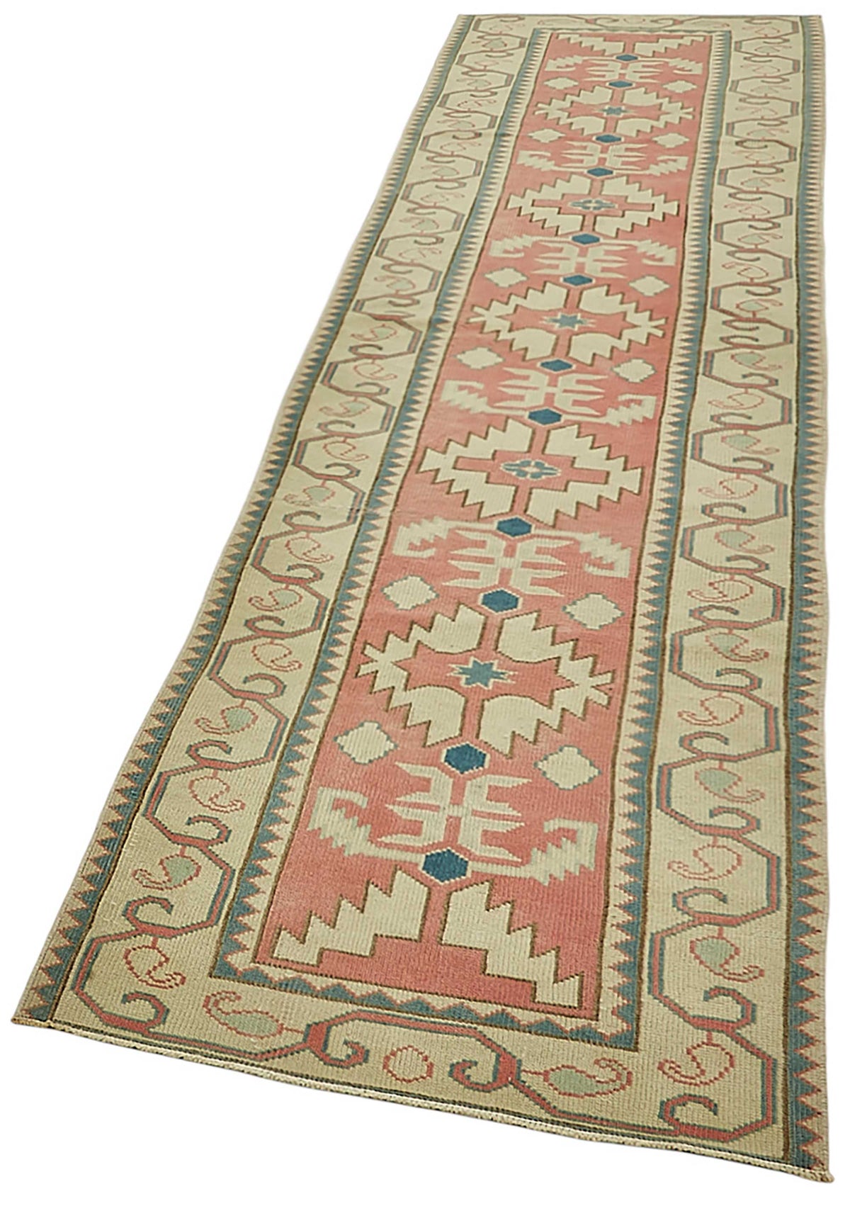 Kovena Pembe Bej Geometrik Etnik El Dokuma Yolluk 80x312 cm – doku yakın çekim