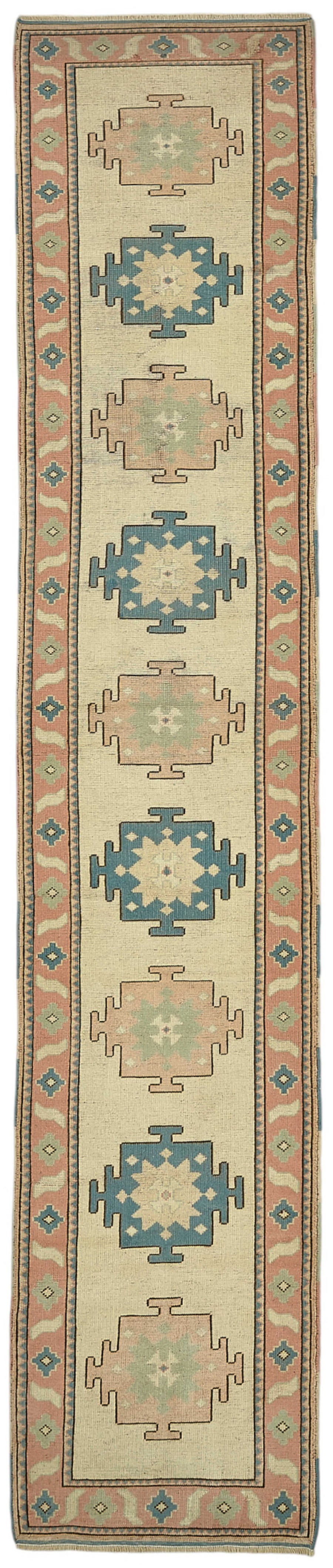 Kovena Turkuaz Geometrik Desenli Bej Zeminli Yün Yolluk 76x375 cm