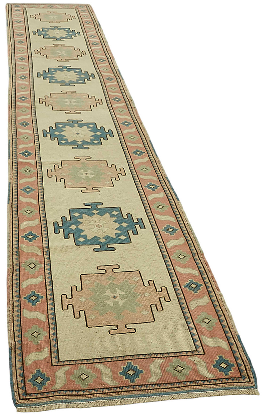 Kovena Turkuaz Geometrik Desenli Bej Zeminli Yün Yolluk 76x375 cm – genel görünüm