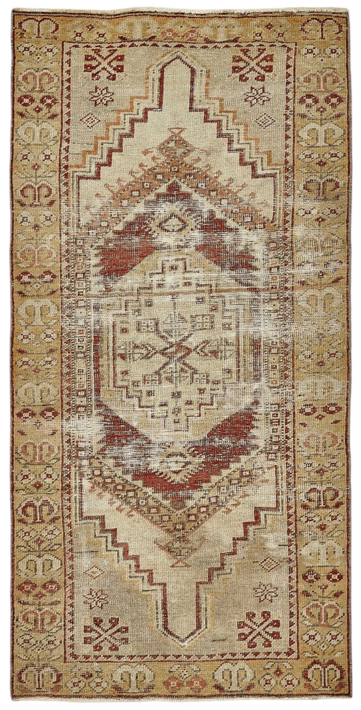 Gekro Geometrik Desenli Bej ve Kırmızı Etnik Halı 91x182 cm