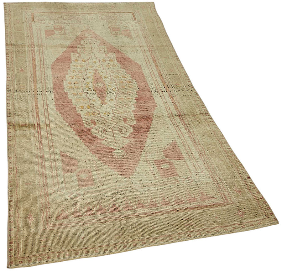 Gekro Bej Pembe Geometrik Etnik Pamuk Yün El Dokuma Halı 110x205 cm – genel görünüm