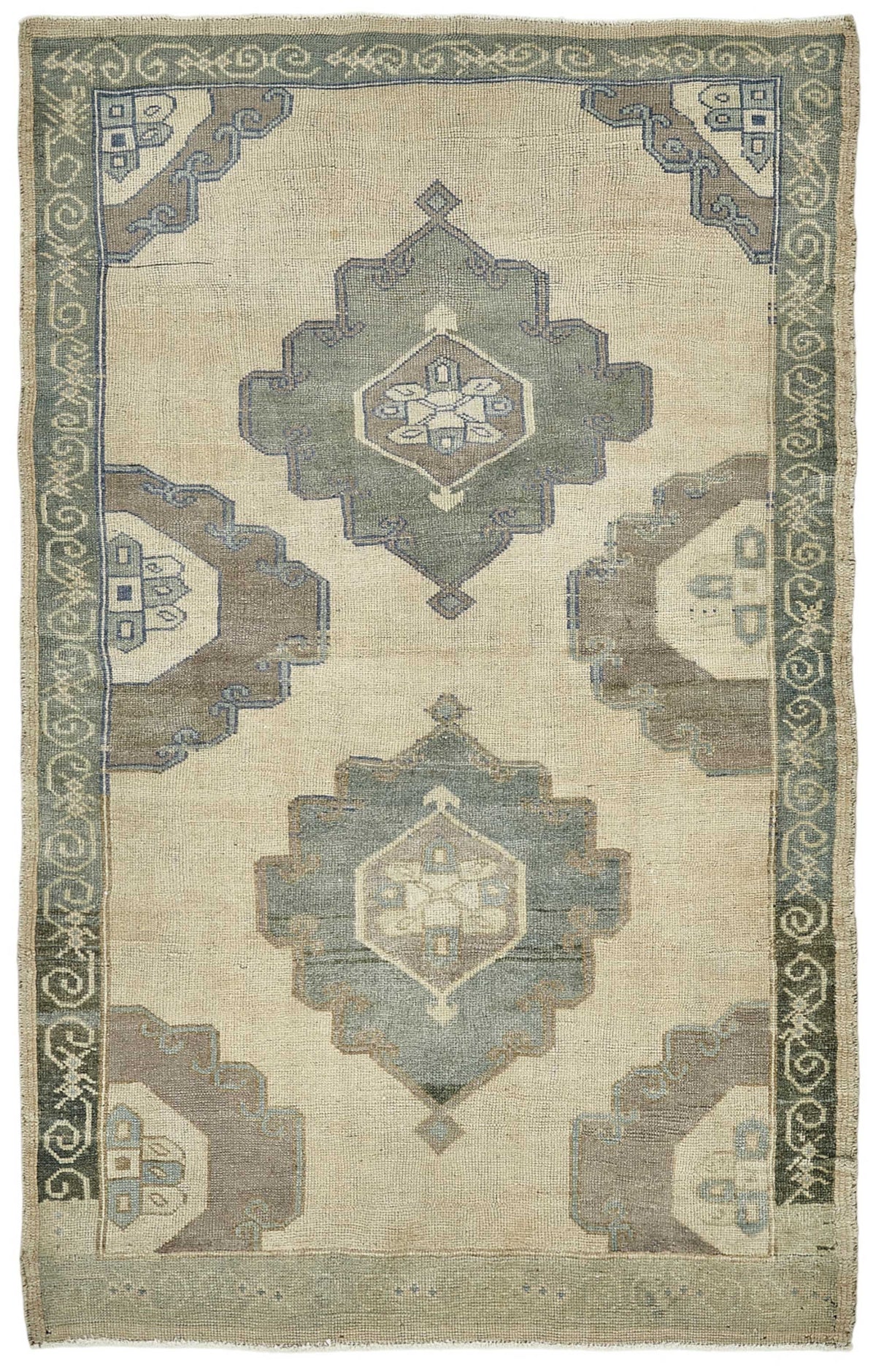 Gekro Bej Gri Geometrik Desenli 30-50 Yıllık Pamuk Yün El Dokuma Halı 137x212 cm