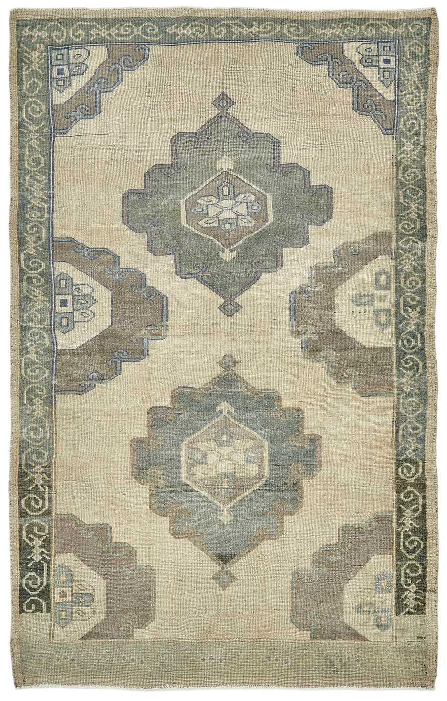Gekro Bej Gri Geometrik Desenli 30-50 Yıllık Pamuk Yün El Dokuma Halı 137x212 cm