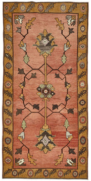 Gekro El Dokuma Pembe Sarı Çiçek Desenli Vintage Halı 100x205 cm