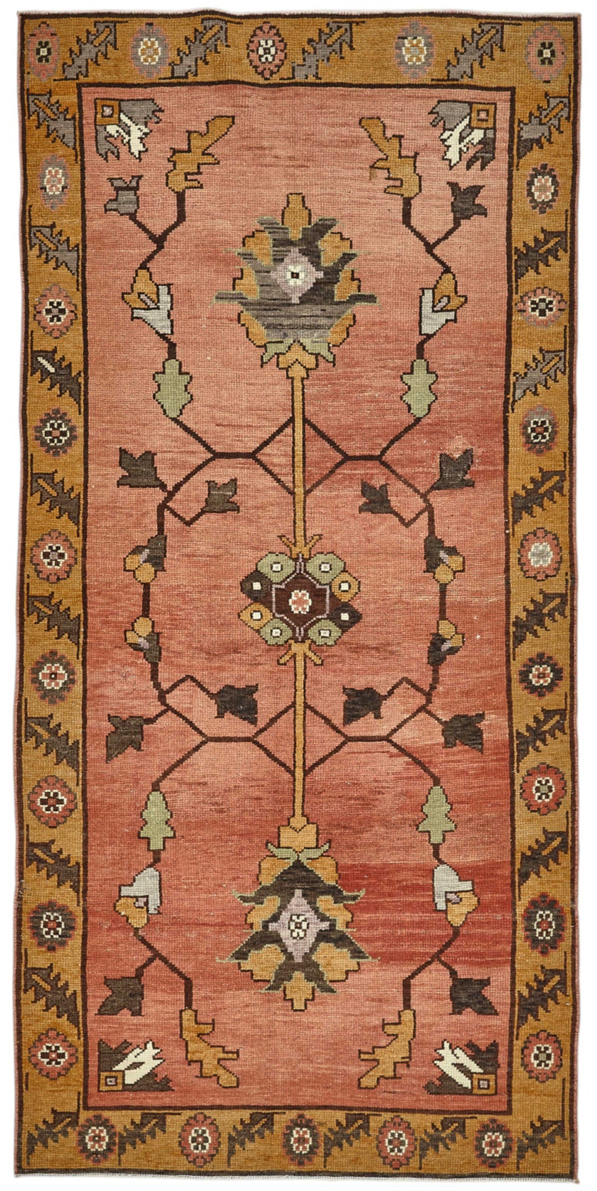 Gekro El Dokuma Pembe Sarı Çiçek Desenli Vintage Halı 100x205 cm