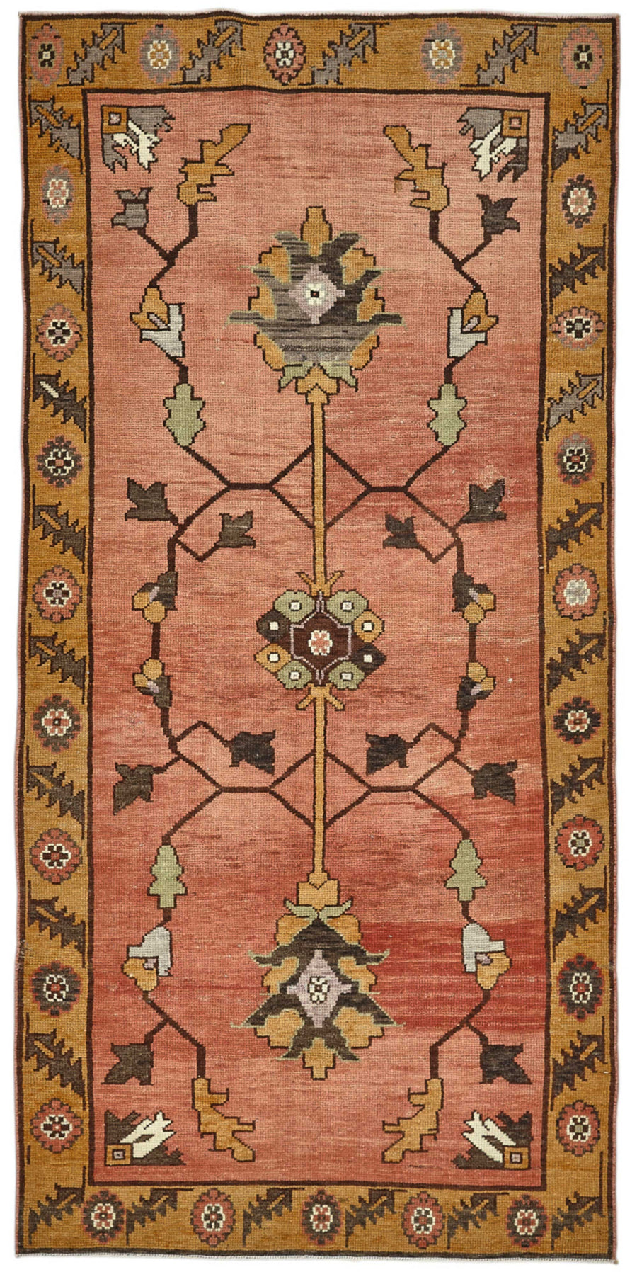 Gekro El Dokuma Pembe Sarı Çiçek Desenli Vintage Halı 100x205 cm