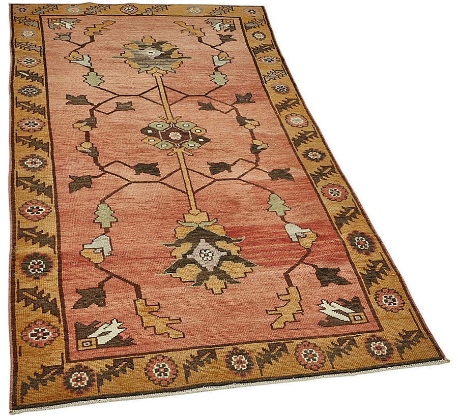 Gekro El Dokuma Pembe Sarı Çiçek Desenli Vintage Halı 100x205 cm – genel görünüm