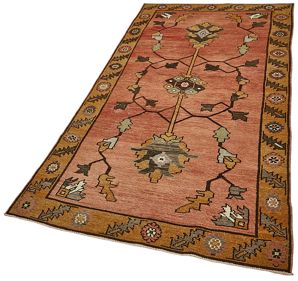 Gekro El Dokuma Pembe Sarı Çiçek Desenli Vintage Halı 100x205 cm – doku yakın çekim