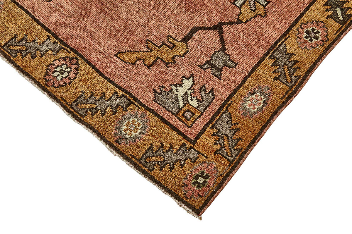 Gekro El Dokuma Pembe Sarı Çiçek Desenli Vintage Halı 100x205 cm – detay görünümü