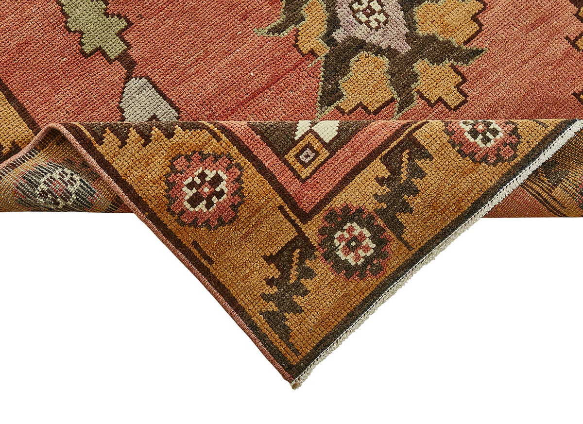 Gekro El Dokuma Pembe Sarı Çiçek Desenli Vintage Halı 100x205 cm – kenar detayı