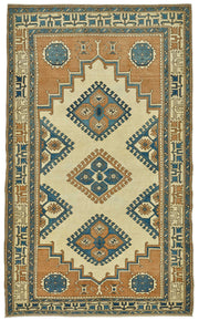 Gekro Anadolu El Dokuması Bej ve Mavi Etnik Halı 134x214 cm