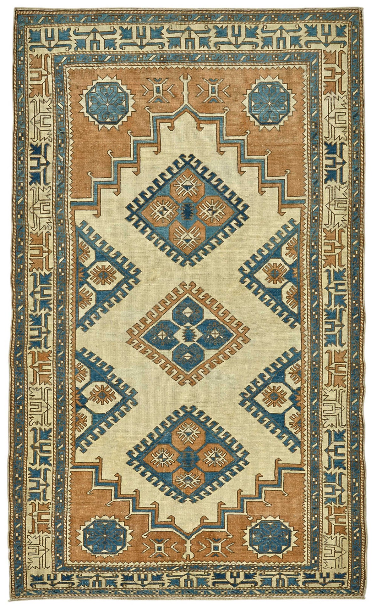 Gekro Anadolu El Dokuması Bej ve Mavi Etnik Halı 134x214 cm
