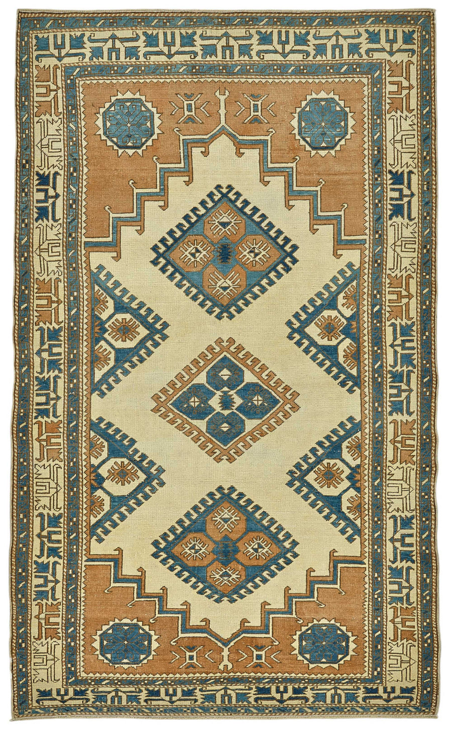 Gekro Anadolu El Dokuması Bej ve Mavi Etnik Halı 134x214 cm