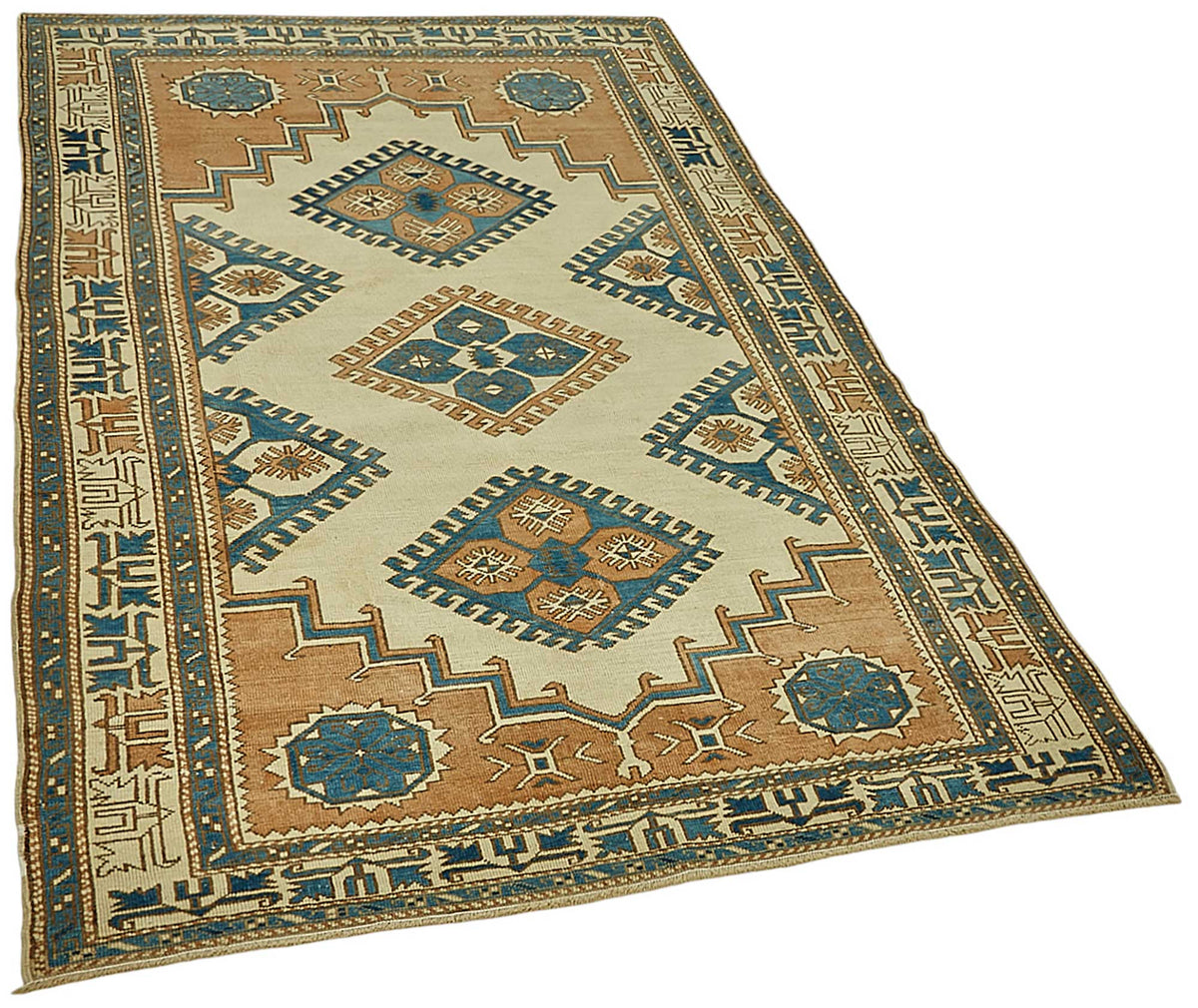 Gekro Anadolu El Dokuması Bej ve Mavi Etnik Halı 134x214 cm – genel görünüm