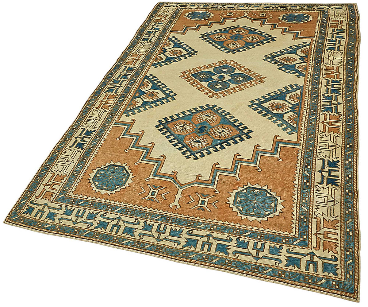Gekro Anadolu El Dokuması Bej ve Mavi Etnik Halı 134x214 cm – doku yakın çekim