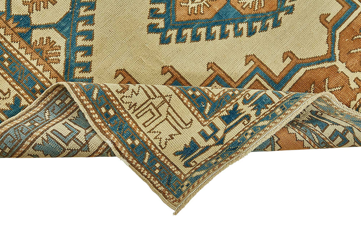 Gekro Anadolu El Dokuması Bej ve Mavi Etnik Halı 134x214 cm – kenar detayı