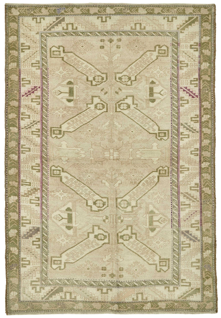 Gekro Bej ve Yeşil Etnik Desenli Anadolu Yün Halısı 143x203 cm